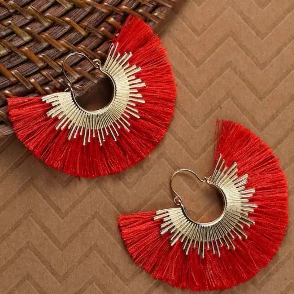 Margot Red Fringe Hoop Earrings - Picture 2 of 4